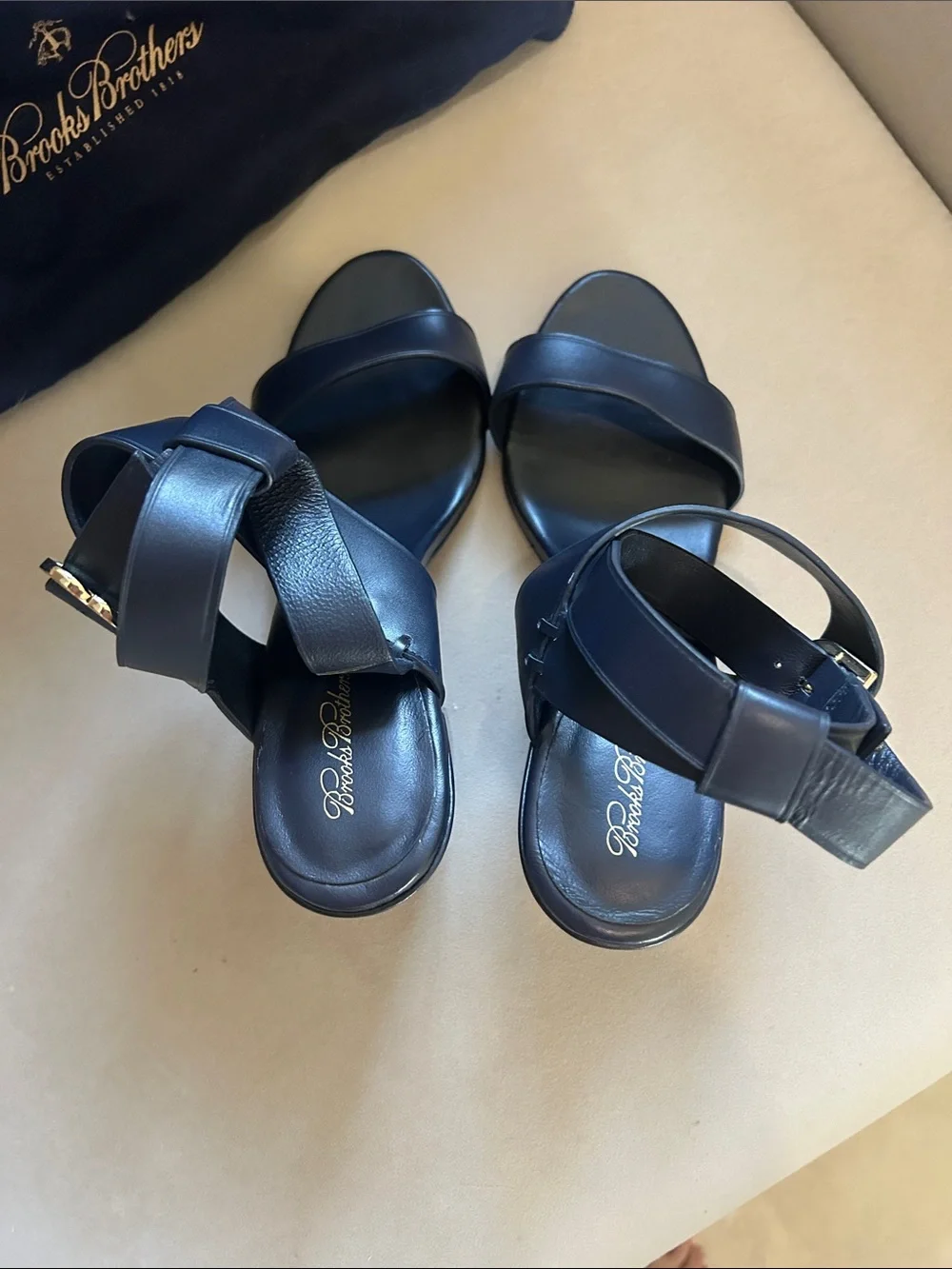 Brooks Brothers Black Leather Block Heel Sandals with Ankle Strap w dust bag